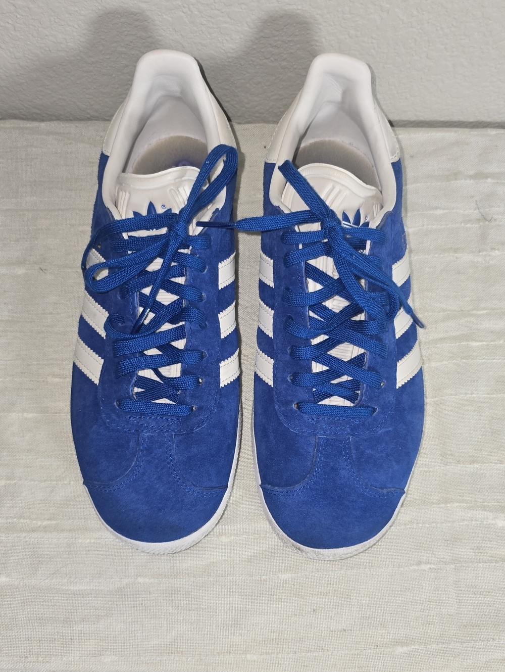 Blue Suede Classic Adidas Gazelle Sneakers with White Stripes